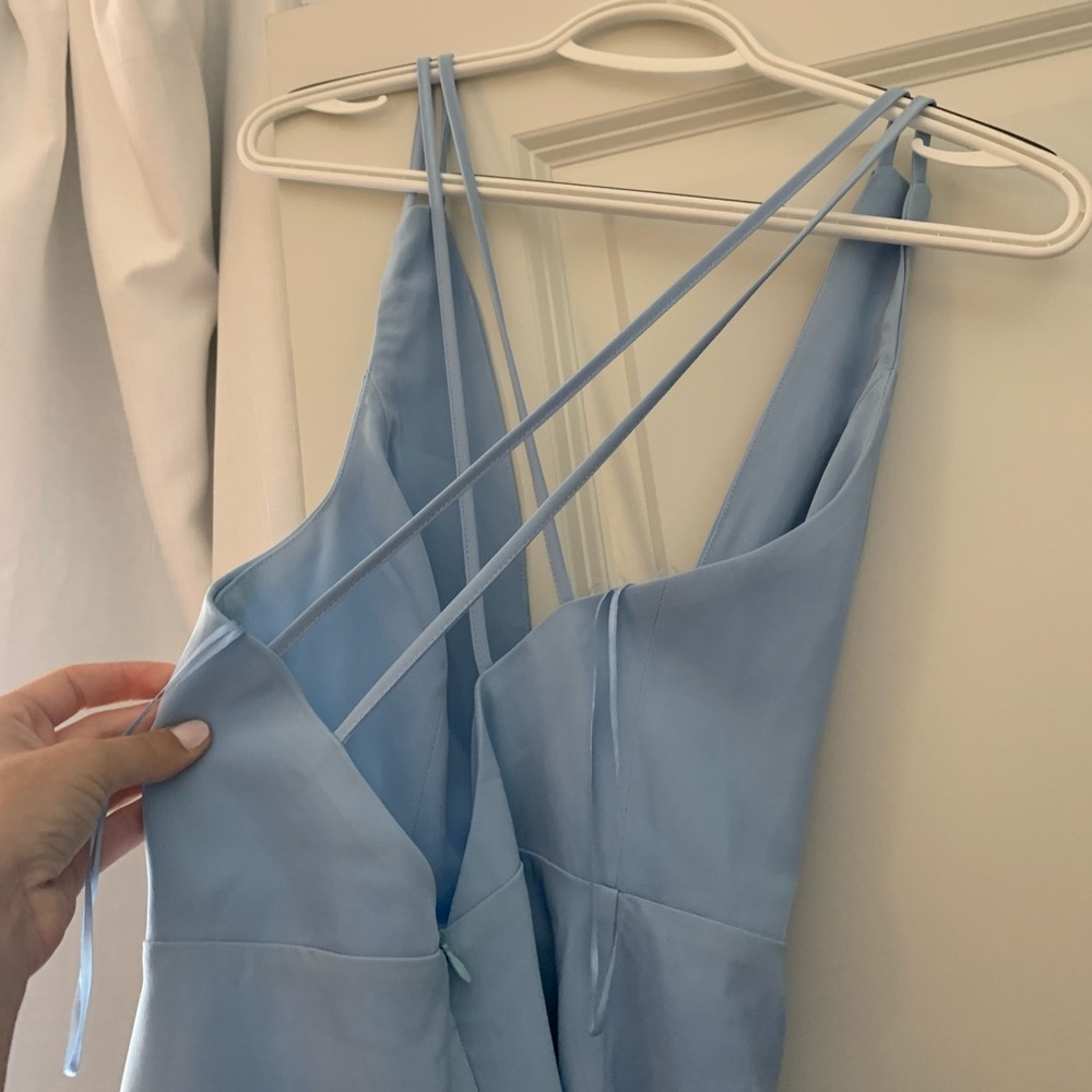 Baby blue, deep v, criss cross back, a-line dress